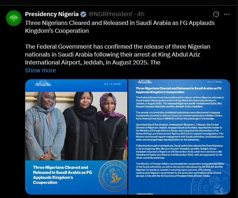 Three Nigerians who were arrested in Saudi Arabia over â€˜prohibited substancesâ€™ have been released â€“ FG